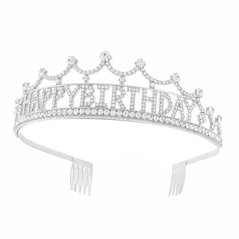 Vintage Happy Birthday Rhinestone Tiara with Combs