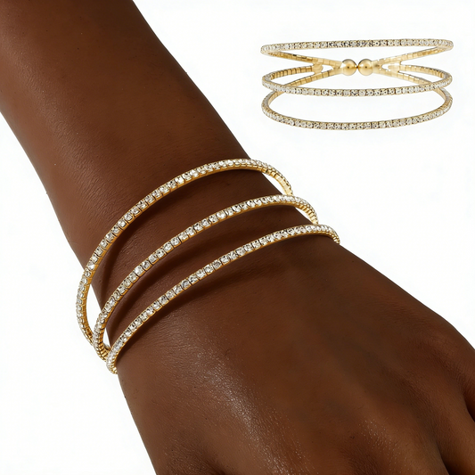 Triple Layer Station Rhinestone Cuff Bracelet