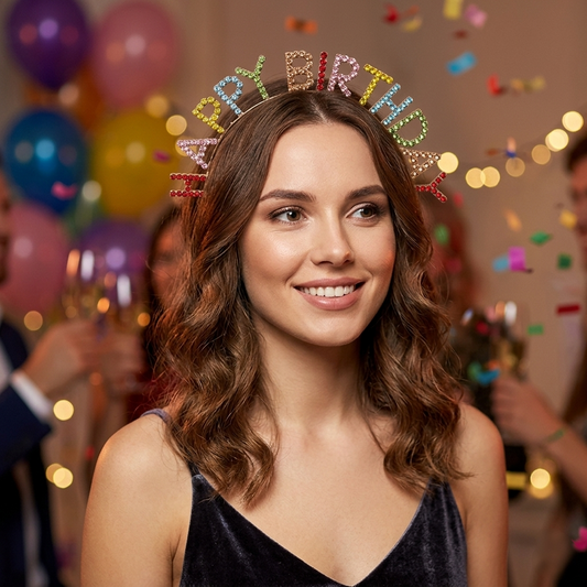 Vibrant Multi-Color Rhinestone "HAPPY BIRTHDAY" Headband - Festive Gold Plated Tiara