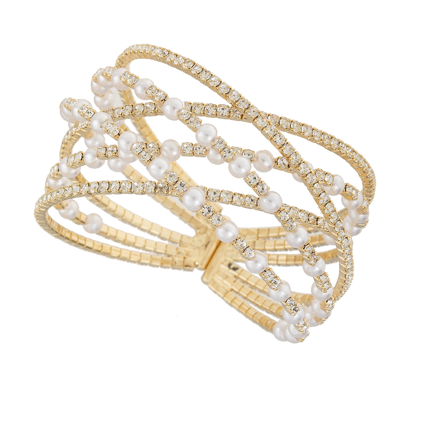 Multi Layer Pearl & Rhinestone Cuff Bracelet