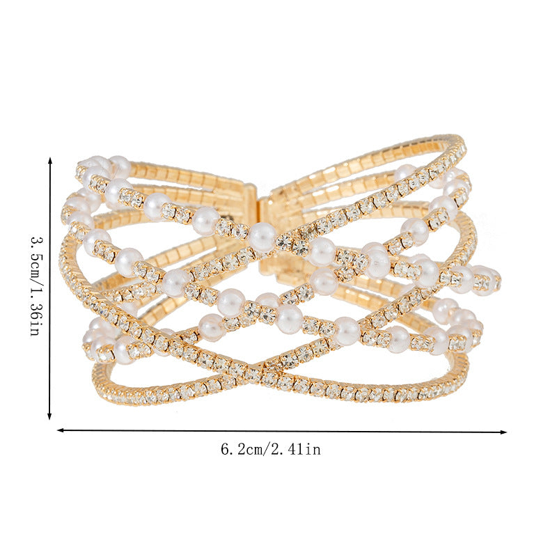 Multi Layer Pearl & Rhinestone Cuff Bracelet