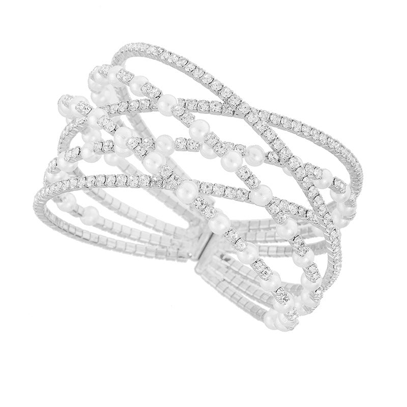 Multi Layer Pearl & Rhinestone Cuff Bracelet