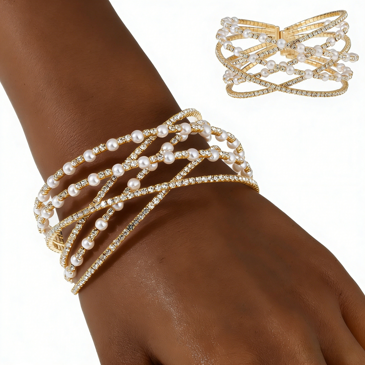 Multi Layer Pearl & Rhinestone Cuff Bracelet
