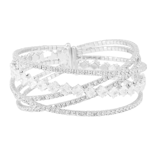 Square Zirconium Multi-Layer Elastic Cross Bracelets