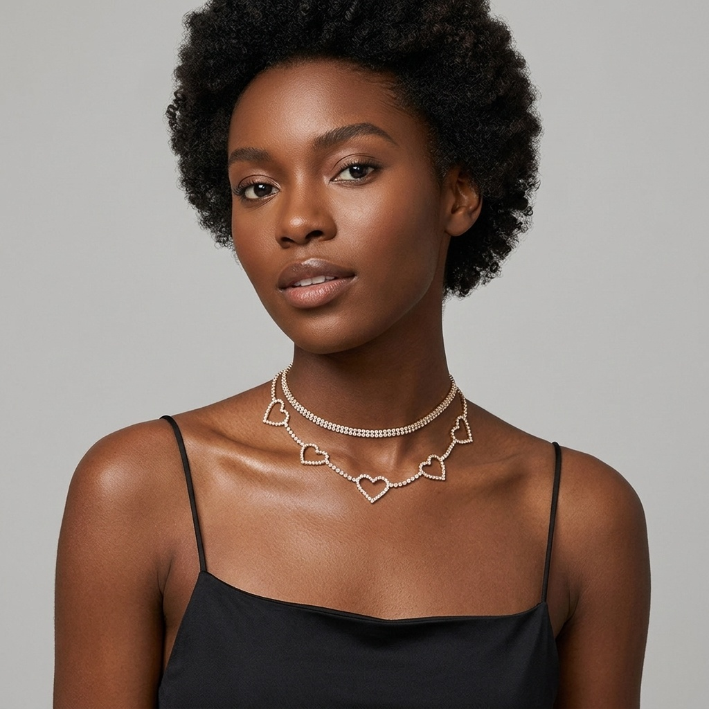 [C 00072] Romantic Heart-Link Layered Choker Set - High-Polished Gold Plated Copper Necklace
