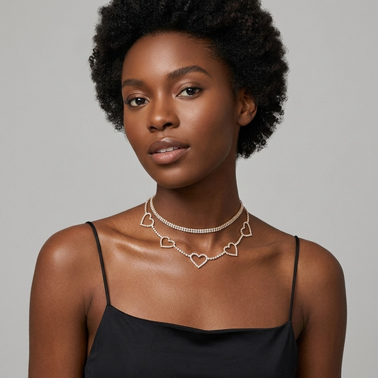 [C 00072] Romantic Heart-Link Layered Choker Set - High-Polished Gold Plated Copper Necklace