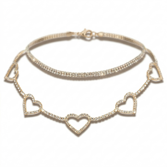 [C 00072] Romantic Heart-Link Layered Choker Set - High-Polished Gold Plated Copper Necklace