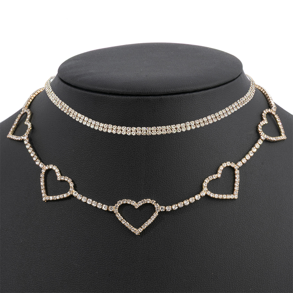 [C 00072] Romantic Heart-Link Layered Choker Set - High-Polished Gold Plated Copper Necklace