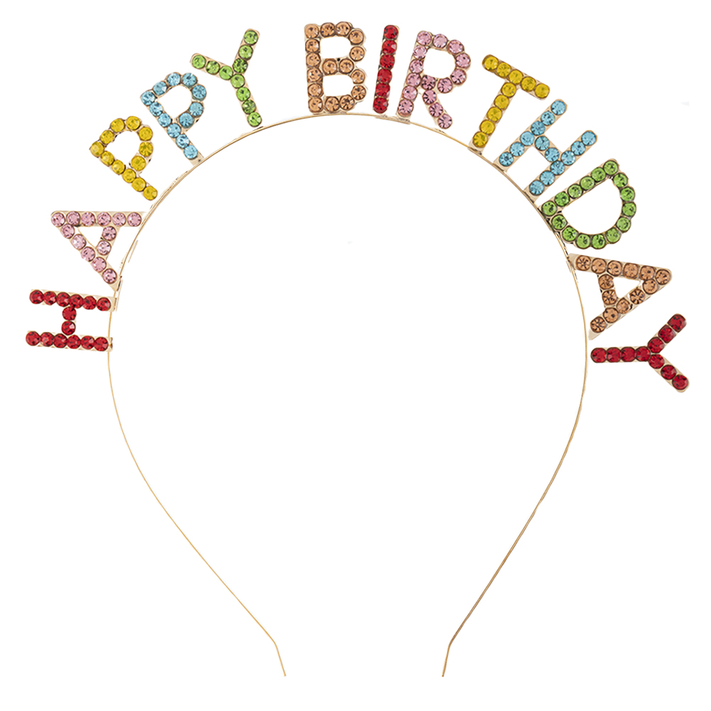 Vibrant Multi-Color Rhinestone "HAPPY BIRTHDAY" Headband - Festive Gold Plated Tiara