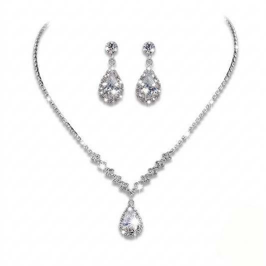[N 00901] Glamorous Waterdrop Rhinestone Jewelry Set - High-Polished Silver Plated Copper Base
