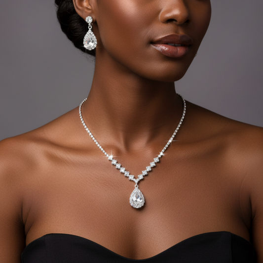 [N 00901] Glamorous Waterdrop Rhinestone Jewelry Set - High-Polished Silver Plated Copper Base
