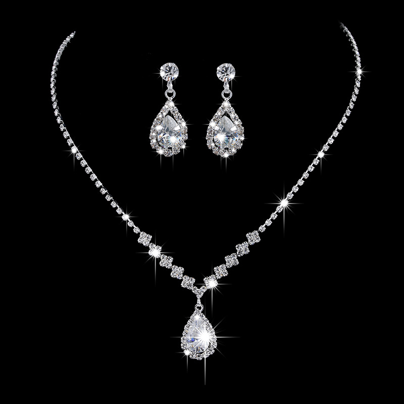 [N 00901] Glamorous Waterdrop Rhinestone Jewelry Set - High-Polished Silver Plated Copper Base